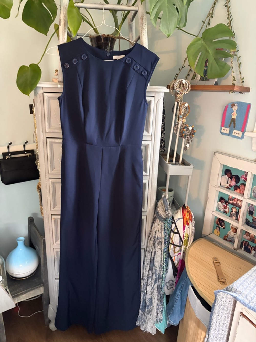 New York & Company Navy Button-Accent Sleeveless Jumpsuit